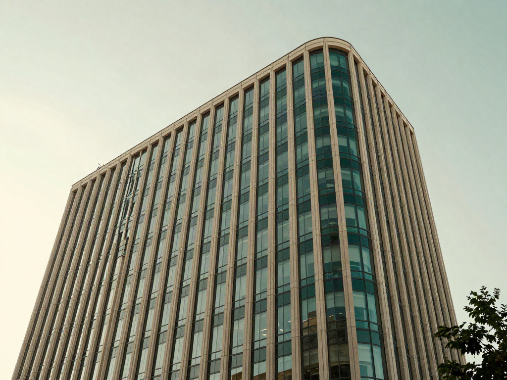 An upward perspective on a contemporary glass and stone corporate headquarters