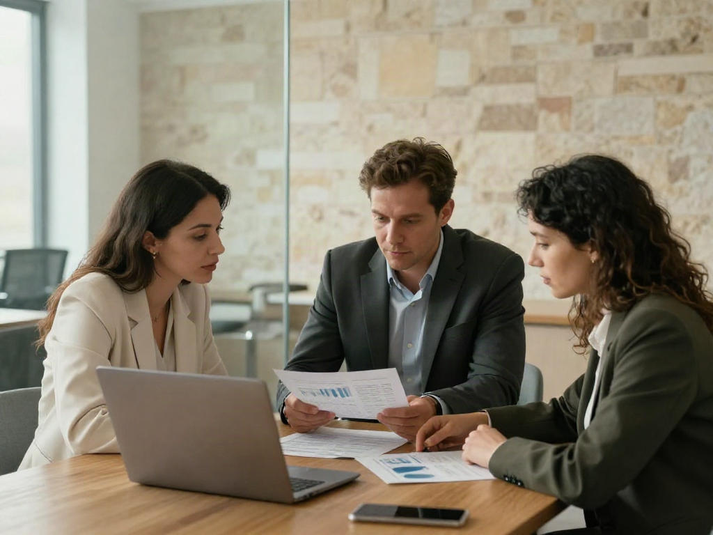 Three business professionals reviewing performance charts together in a strategy session